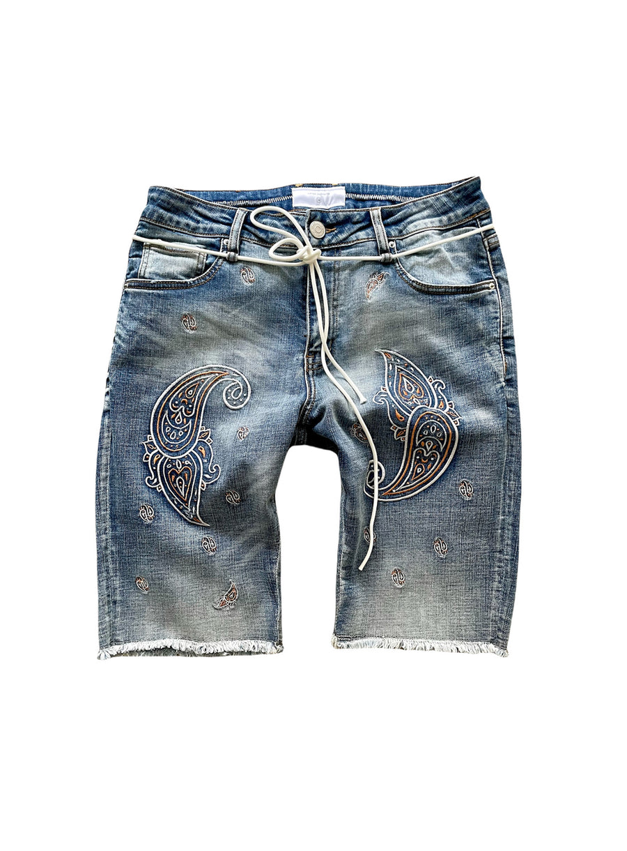 Bandana Embroidered Denim Shorts (Blue)