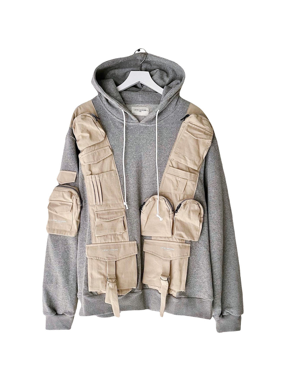 Military Cargo Fleece Hooded Sweater (Khaki/Grey)